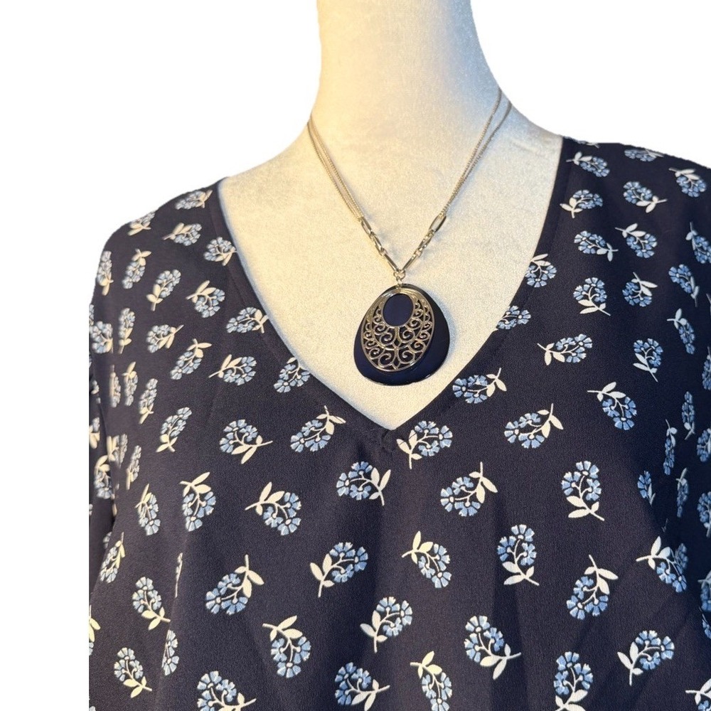 Draper James Navy Floral Midi Dress XL Smocked Waist Long Sleeve. Necklace.